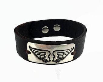 Angel Wing Sterling Silver Leather Bracelet - Handmade Cuff