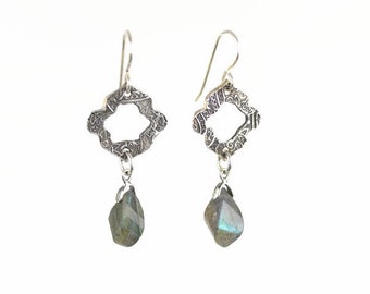 Boho Sterling Silver Labradorite Earrings - Metal Clay, Handmade
