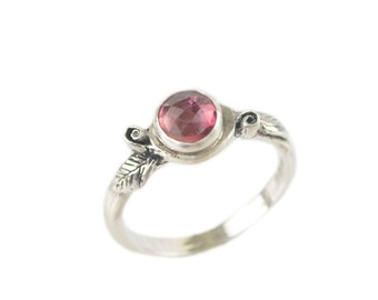 Sterling Silver Pink Tourmaline Ring - Handmade Floral Leaf Design