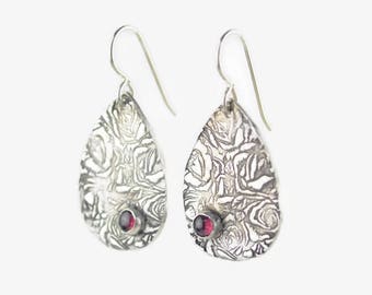 Sterling Silver Rose Earrings - Sterling Silver Garnet Earrings - Rose Earrings - Eco Friendly Earrings