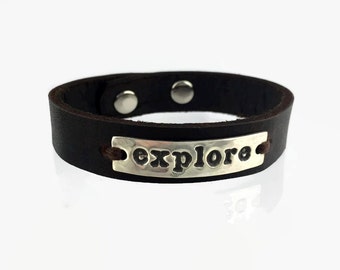 Explore Leather Bracelet - Sterling Silver Bracelet - Wilderness Explorer Jewelry - Mens Leather Bracelet - Silver Inspirational Bracelet