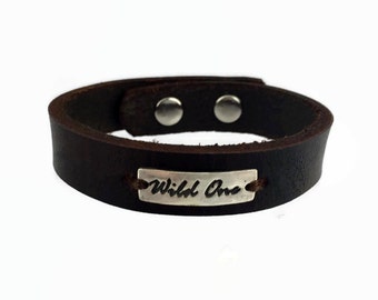 Sterling Silver Leather Bracelet - Wild One - Leather Cuff - Leather Wristband - Sterling Silver Cuff - Brown Leather Cuff - Black Leather