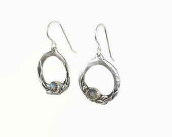 Circle of Life Earrings - Sterling Silver Leaf Earrings - Labradorite Earrings - Silver Leaf Earrings - Labradorite Gemstone Earrings