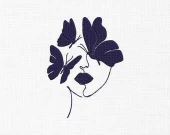 Butterfly Woman Face Embroidery Design, Line Art (Digital Download)
