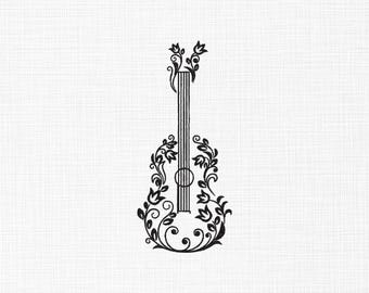 Floral Guitar Embroidery Design, 5 Sizes (Digital Download)