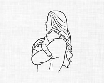 Mom and Child Line Art Embroidery Design, 5 Sizes (Digital Download)