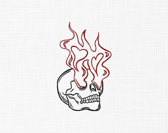 Flaming Skull Line Art Embroidery Design (Digital Download)