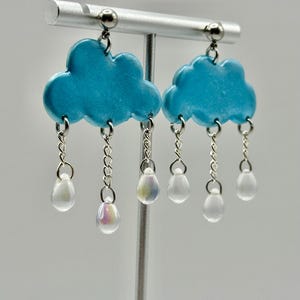 Cloud Dangle Earrings: Handmade Polymer Clay, Silver Chain & Raindrop Beads