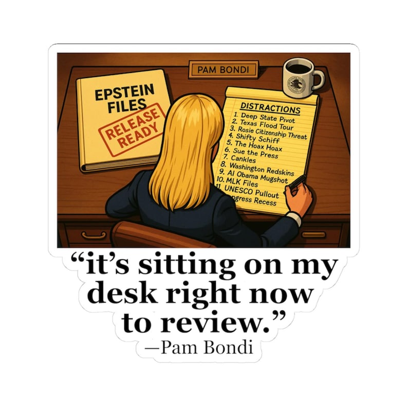 Pam Bondi Desk Quote - Epstein Files Distractions - Vinyl Sticker image 1