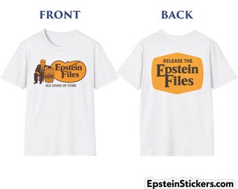 Camiseta Unissex Epstein Files - Frente/Verso: Paródia da Loja Old Cover-Up (Frente) + Divulguem os Arquivos Epstein (Verso)
