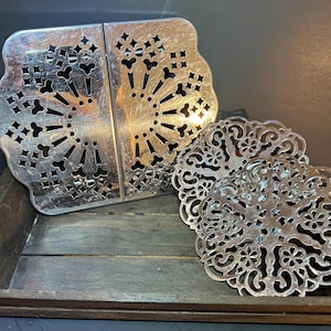 Vintage Silver Metal Trivets (set of three), Expandable Mid-Century Kitchen Trivet & Ornate Filigree Hot Pads