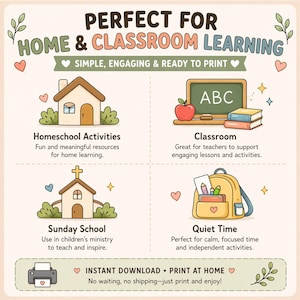 May include: A digital educational flyer titled PERFECT FOR HOME & CLASSROOM LEARNING. It features four sections: Homeschool Activities with a house icon, Classroom with a chalkboard and books, Sunday School with a church, and Quiet Time with a backpack.