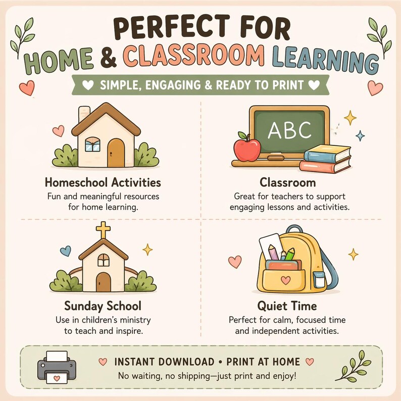 May include: A digital educational flyer titled PERFECT FOR HOME & CLASSROOM LEARNING. It features four sections: Homeschool Activities with a house icon, Classroom with a chalkboard and books, Sunday School with a church, and Quiet Time with a backpack.