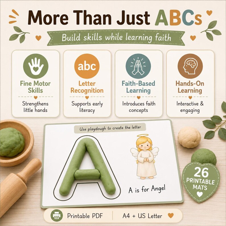 May include: A printable educational set titled More Than Just ABCs featuring four icons for fine motor skills, letter recognition, faith-based learning, and hands-on learning. Includes a playdough mat showing the letter A, an angel, and text A is for Angel.