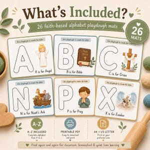 May include: A set of 26 faith-based alphabet playdough mats featuring letters A through Z. Each square card displays a large outline letter, a corresponding religious illustration, and text such as A is for Angel, B is for Bible, and N is for Noah's Ark.