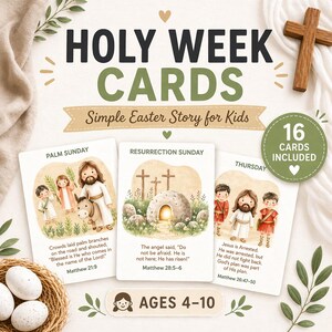 May include: A set of 16 Holy Week cards for children featuring watercolour illustrations of biblical scenes. Each card includes a title, a short story, and a scripture reference. The cards are displayed with a wooden cross and a small bird nest.