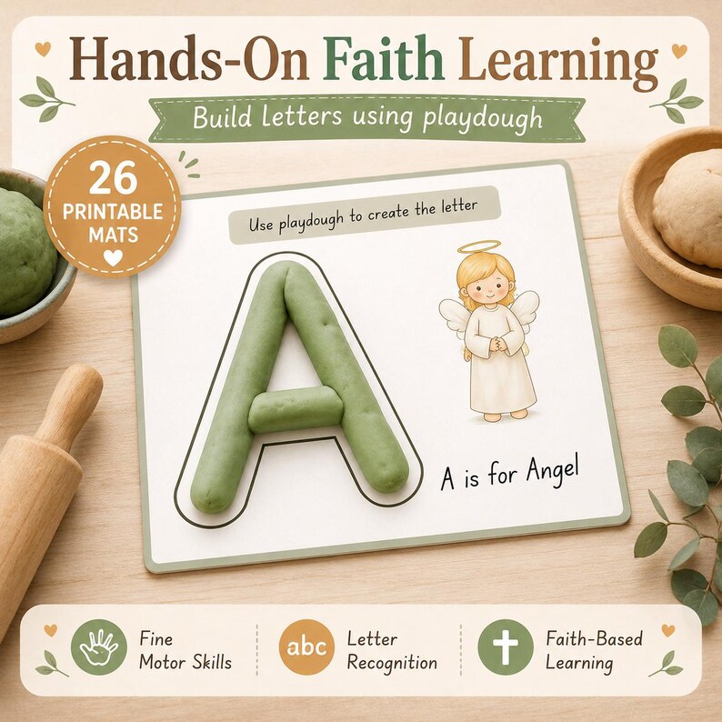 May include: A printable educational mat featuring the text Hands-On Faith Learning and Build Letters using playdough. The mat displays a large letter A formed with green playdough, an illustration of an angel, and the text A is for Angel.