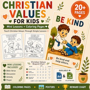 May include: A colorful educational set titled "Christian Values for Kids" with mini lessons and coloring pages. The set includes illustrated cards with phrases like "Trust God" and "Help Others," a reward chart, and a poster. The text "Be Kind" is also featured.