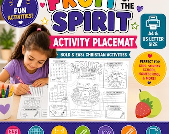 Fruit of the Spirit Activity Placemat, Christian Printable Activity for Kids, Sunday School Bible Worksheet