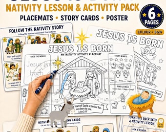 Nativity Activity Pack Printable, Jesus Is Born Sunday School Lesson, Christmas Bible Story Cards, Placemat and Coloring Page