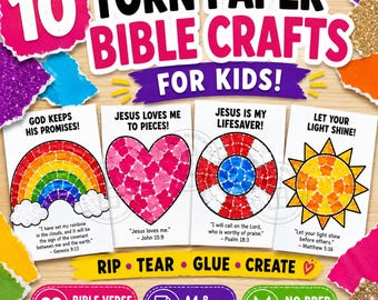 Bible Verse Torn Paper Craft Bundle for Kids | 10 Christian Tissue Paper Crafts | Sunday School Printable PDF Download