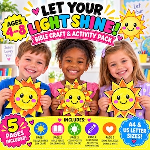 May include: A Let Your Light Shine Bible craft and activity pack for ages 4-8. The pack includes five pages: a tissue paper sun craft, a Bible verse colouring page, a colour poster, an I Can Shine activity, and a Shine for Jesus draw and write page.