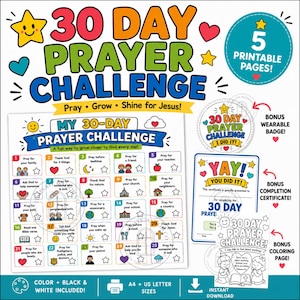 30 Day Prayer Challenge for Kids | Christian Prayer Activity | Prayer Tracker | Sunday School Printable Craft | Badge & Certificate PDF