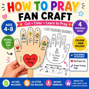 以下が含まれることがあります： 4歳から8歳向けのHOW TO PRAY FAN CRAFTと題された印刷可能なクラフトキット。Thank、I'm Sorry For、Help Me、Help Othersといった祈りの言葉が記された番号付きの指を持つ手形のファンと、How to Prayと書かれたハートが含まれています。