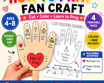 Può includere: Un kit artigianale stampabile intitolato HOW TO PRAY FAN CRAFT per bambini dai 4 agli 8 anni. Include un ventaglio a forma di mano con dita numerate etichettate con suggerimenti di preghiera come Thank, I'm Sorry For, Help Me e Help Others.