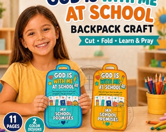 Back to School Bible Craft, God Is With Me Backpack, Joshua 1:9 Sunday School Activity, Christian Printable Prayer Craft for Kids