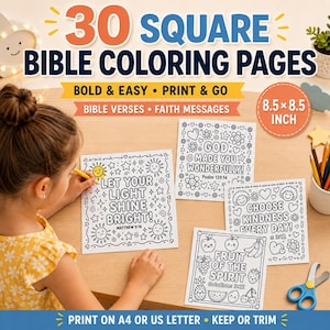 May include: A set of 30 square Bible coloring pages featuring bold, easy-to-color designs with faith messages and verses. Each page measures 8.5 by 8.5 inches. The collection includes illustrations of suns, flowers, and fruits with text.