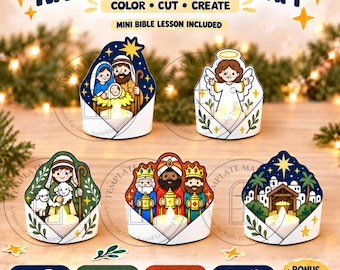 Nativity TeaLight Craft Printable, Christmas Bible Craft for Kids, Sunday School Activity, LED Tealight Holder, Color and Black/White PDF
