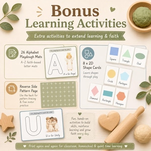 May include: Educational activity set featuring Bonus Learning Activities text, 26 alphabet playdough mats with illustrations like an angel for A and unity for U, 8 2D shape cards, a reverse side pattern page, a wooden rolling pin, and playdough.