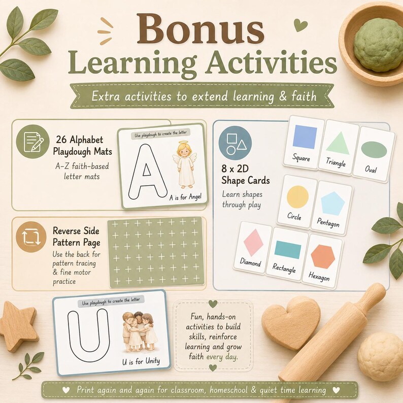 May include: Educational activity set featuring Bonus Learning Activities text, 26 alphabet playdough mats with illustrations like an angel for A and unity for U, 8 2D shape cards, a reverse side pattern page, a wooden rolling pin, and playdough.