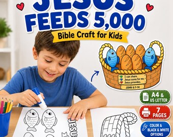 Jesus Feeds 5000 Bible Activity Pack for Kids, Fish & Loaves Sunday School Craft