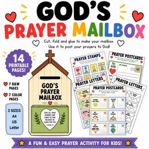 Puede incluir: Un conjunto de actividades imprimibles titulado God's Prayer Mailbox con 14 páginas en tamaños A4 y US Letter. Incluye una plantilla de buzón de papel, sellos de oración, postales y cartas con gráficos coloridos, corazones y texto religioso.
