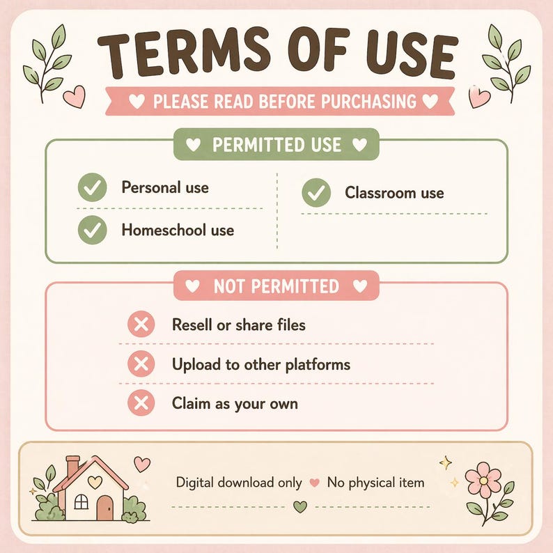 May include: A digital terms of use sign with a cream background, brown text, and pink and green accents. It lists permitted uses like personal, classroom, and homeschool use, and prohibited uses like reselling, sharing, or claiming files as your own.