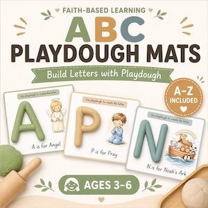 May include: Faith-based learning ABC playdough mats with text reading A is for Angel, P is for Pray, and N is for Noah's Ark. The set includes cards for letters A-Z, featuring illustrations of an angel, a child praying, and Noah's Ark for ages 3-6.