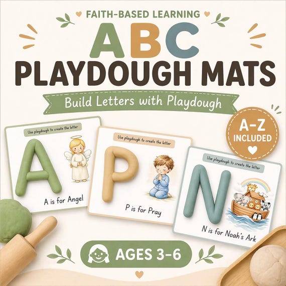 ABC Playdough Mats for Kids, Christian Alphabet Printable, Faith-Based Preschool Activity, Homeschool Learning PDF