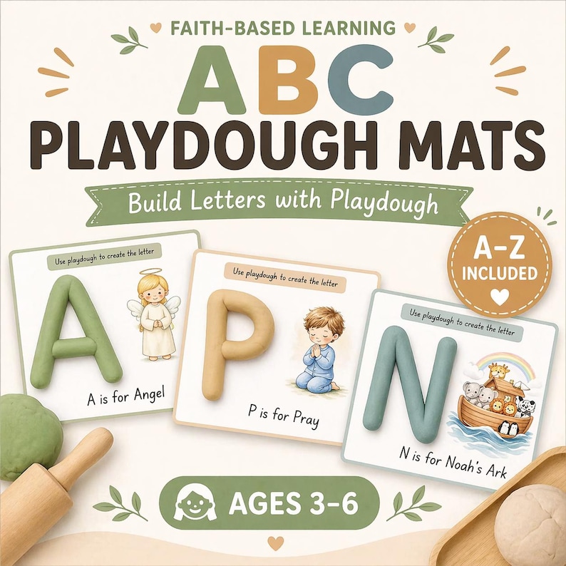 May include: Faith-based learning ABC playdough mats with text reading A is for Angel, P is for Pray, and N is for Noah's Ark. The set includes cards for letters A-Z, featuring illustrations of an angel, a child praying, and Noah's Ark for ages 3-6.