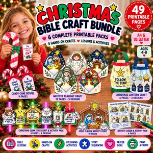 Op de afbeelding: Een kerstbijbel-knutselpakket met 49 printbare pagina's, inclusief zuurstok-gospelkaarten, kerststal-theelichthouders, kerstlantaarns, glow-stick activiteiten en kaarten voor het sorteren van het kerstverhaal voor kinderen.