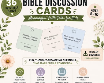 Bible Discussion Cards for Kids, Christian Conversation Starters, Sunday School & Family Faith Activity Printable
