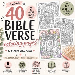 May include: A set of 40 printable Bible verse coloring pages featuring floral and typographic designs. The text includes "Hope is an anchor for the soul," "Our faith can move mountains," and "The Lord will guide you always Isaiah 58:11." Includes A4 and US letter sizes.