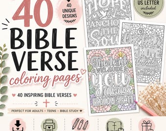 May include: A set of 40 printable Bible verse coloring pages featuring floral and typographic designs. The text includes "Hope is an anchor for the soul," "Our faith can move mountains," and "The Lord will guide you always Isaiah 58:11." Includes A4 and US letter sizes.