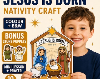 Nativity Craft Printable for Kids | Jesus Is Born Sunday School Activity with Story Puppets, Bible Lesson & Prayer Cards