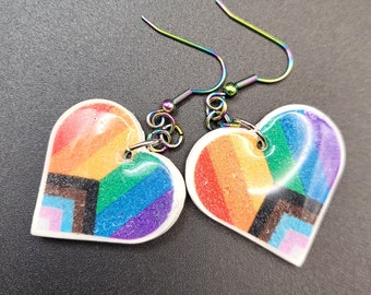 Rainbow progress heart flag pride earrings