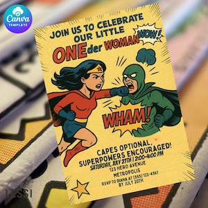 May include: A retro comic book-style invitation. The image shows a superheroine punching a villain, with speech bubbles and the words "ONEder WOMAN WOW!". The invitation includes event details and RSVP information.