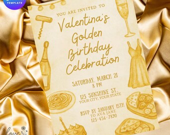 Golden Birthday Invitation | Watercolor Champagne Dinner Party Invite | Elegant Golden Celebration | Editable Canva Template
