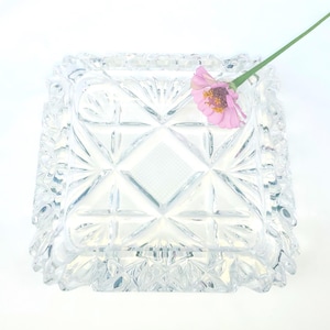 Mid-Century Modern Crystal Ashtray: Ornate Square Cut Glass Trinket Dish