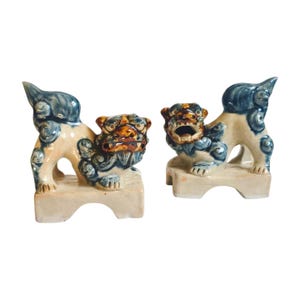 Handmade Pair of Japanese Okinawan Shisa Statues, Glazed Pottery Lion Dog Figurine Set, Okinawa Guardian Wards, Feng Shui Foo Dog Home Decor